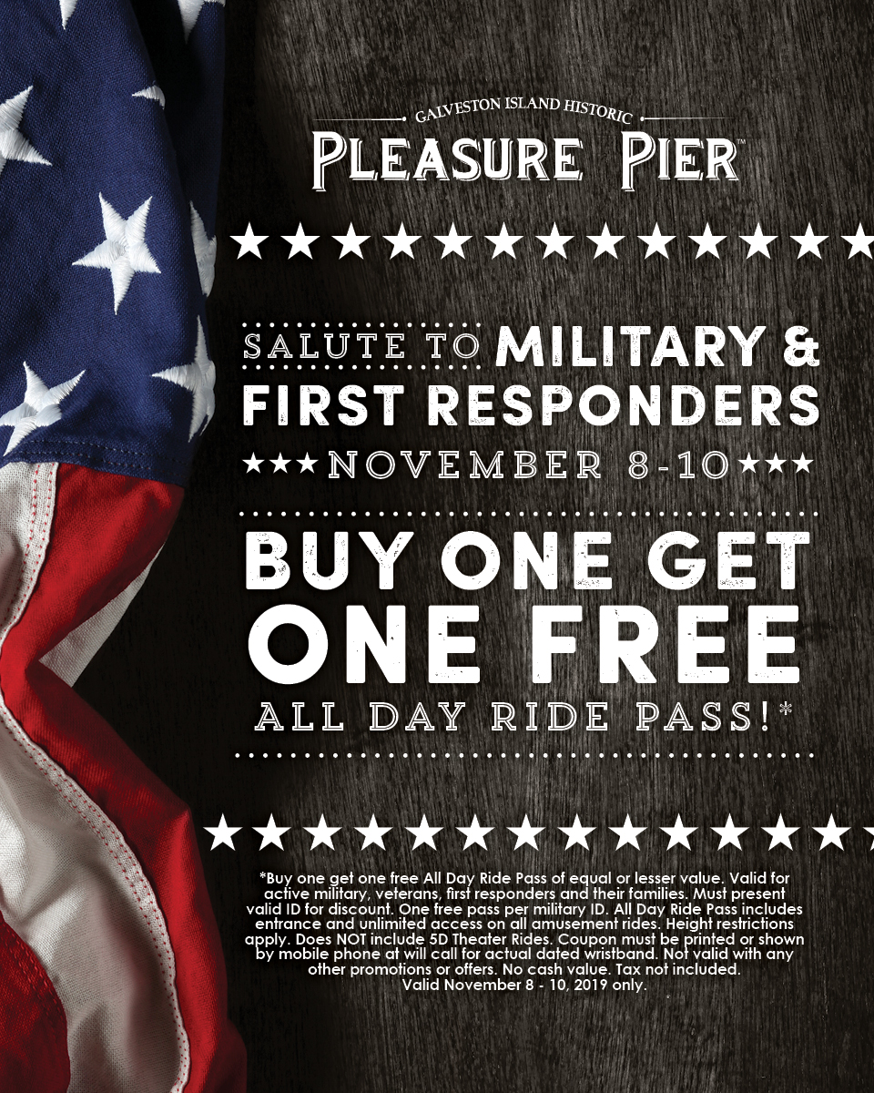 Salute to Military and First Responders from November 8 - 10 featuring Buy One Get One Free All Day Ride Pass. Restrictions Apply.