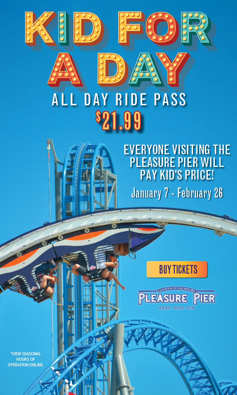 Kid for a day! All day ride passes for $19.99